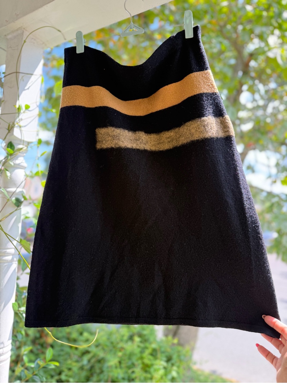 DKNY Black A-Line Skirt with Gold and Tan Stripes